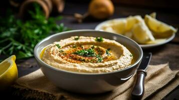 un cuenco de hummus , generativo ai foto