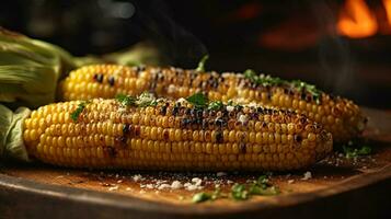 Grilled corn on the cob on a cutting board, Generative AI photo