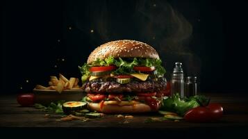 A hamburger with lettuce, tomato, cheese, and other toppings, Generative AI photo