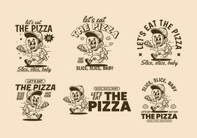 vamos comer el pizza, ilustración de un pequeño chico corriendo y participación un rebanada de Pizza vector