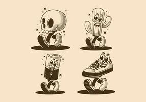 Mascot character illustration of walking skull, cactus, battery and shoe vector