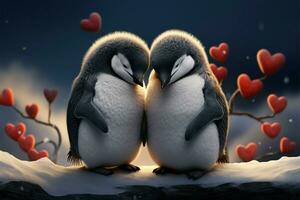 Two penguins in love, perfect for a Valentines Day postcard on February 14th AI Generated photo