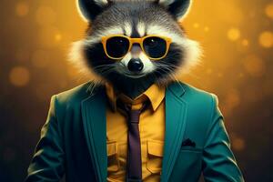 Vintage raccoon cartoon, stylish in blue suit, big glasses attire AI Generated photo