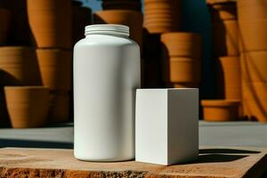 Contrast of a white bottle against a sturdy concrete block AI Generated photo