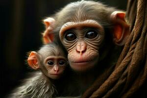Loving monkey mother holds child, a representation of family unity AI Generated photo