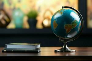 Desk with a blue miniature globe and a slender pen AI Generated photo