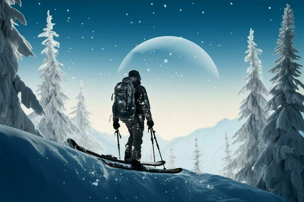 AI generated young man skiing on high snow mountain in winter