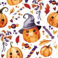 watercolor seamless pattern with cute Halloween pumpkins, candies and sweets on a white background. kawaii vector