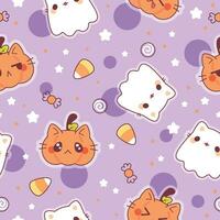 Kawaii ghost kittens and pumpkins Halloween pattern vector