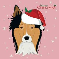 Christmas greeting card. Collie Rough dog with red Santa's hat vector