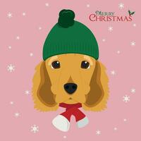 Navidad saludo tarjeta. Inglés cocker spaniel perro vistiendo un de lana gorra para invierno vector