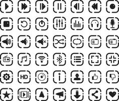 Vector set of icons for music player. Colored icons for sites on the Internet, buttons Start, pause, stop, rewind