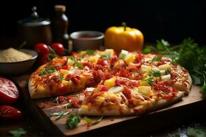 Delicious stretched Cheese Hawaiian Pizza on wooden plate, with vegetables. AI generative. photo