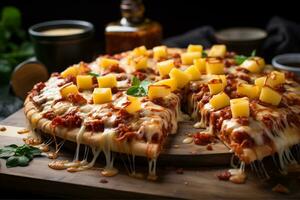 Delicious stretched Cheese Hawaiian Pizza on wooden plate, with vegetables. AI generative. photo