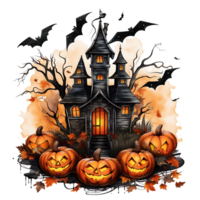 Watercolor Spooky Halloween Haunted House Illustration template AI Generated. Happy Halloween haunted house ready for t shirt, print, tee, banner, mug. Generative AI png