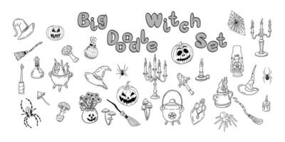 Big flat hand drawn doodle witchs items set. Outline vector collection for stickers or decoration. Halloween holiday unique design. Black isolated elements on white background.