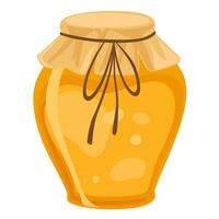 Honey. Glass pot full of honey and a honey ladle. Vector illustration cartoon flat icon isolated on white.