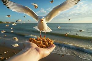 Hand feeding pork snacks to seagulls in a delightful scene AI Generated photo