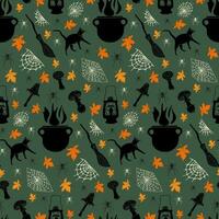 Colored retro style silhouette halloween seamless pattern on dark green background. Poisonous mushrooms, cauldron, black cat, witch mop, lantern, spider web, autumn leaves vector