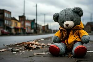 Street side, a weathered, cherished soft toy lies alone and forgotten AI Generated photo