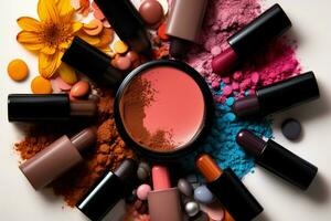Colorful cosmetics arrayed on a tablet, captured from above view AI Generated photo