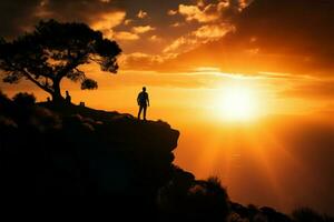 Silhouetted figures on a hill signify success through trust and collaboration AI Generated photo