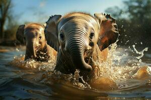 In a watery playground, young elephants exuberance shines through joyful splashes AI Generated photo