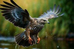 Alcedo atthis European kingfisher takes flight after catching fish in water AI Generated photo