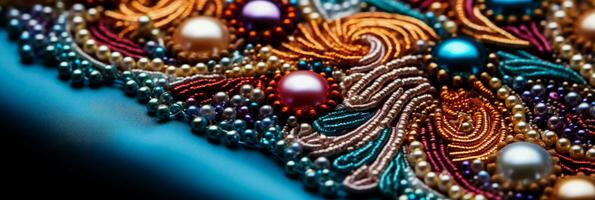Macro captures of bead embroidery details on assorted soft textile backgrounds photo