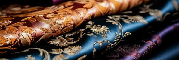 Macro shots revealing elegant brocade patterns on luxurious silk textiles photo