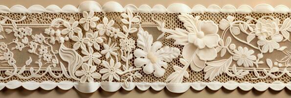 Delicate vintage lace patterns intricately woven on cream colored textile backgrounds photo