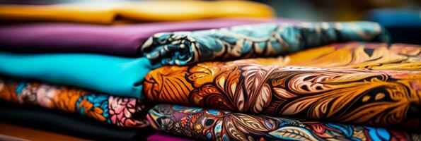 Close up examination of vivid hand drawn batik designs on textile backgrounds photo