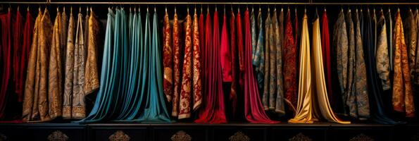 Richly embroidered silk textiles against well coordinated background displays photo