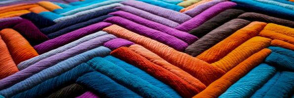 Macro exploration of vibrant geometric patterns in hand woven rugs photo