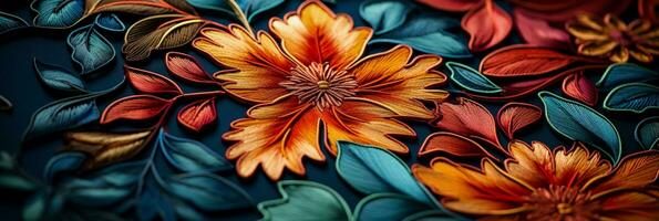 Intricate embroidery embellishments on richly colored silk textile backgrounds photo