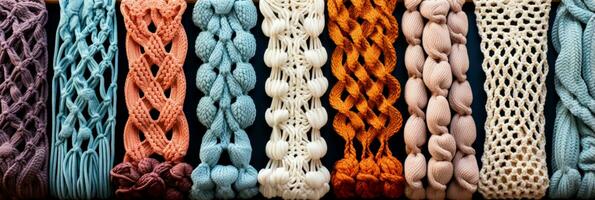 Detailed images presenting handmade macrame and crochet patterns on soft textiles photo