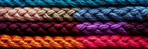 Macro perspective showcasing complex texture in multi colored knitted wool backgrounds photo