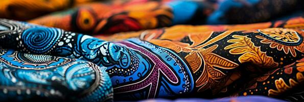 Close up examination of vivid hand drawn batik designs on textile backgrounds photo