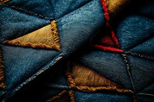 Close ups revealing the meticulous stitch work on textured denim fabric photo