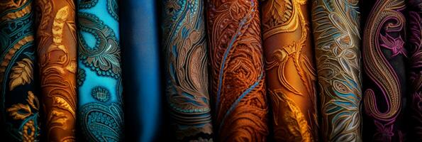 Detail oriented imagery of paisley patterns displayed on a variety of textiles photo