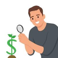 Penny pincher. Business man looking through magnifying glass at dollar signs symbol in a plant shape with soil on the bottom. vector
