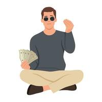 Young man wearing sunglasses smiling happily with a hand making money posture. Confident, positive proud and friendly attitude holding dollar banknotes. vector