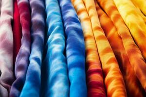 macro disparos de psicodélico Corbata colorante patrones en diferente textil superficies foto