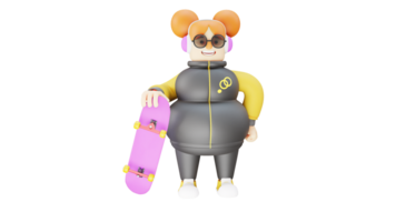 3D illustration. Cool Girl 3D cartoon character. Cool girl carrying a skateboard. Girl wearing jacket and ready to skate. Cheerful girl will spend her free time playing skating. 3D cartoon character png