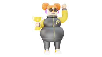 3D illustration. Lucky girl 3D cartoon character. A great fat girl can win a competition. The best girl holds a gold trophy as a prize for her victory. 3D cartoon character png