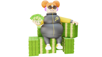 3D illustration. Rich Woman 3D cartoon character. Rich girl sitting on a pile of banknotes. Fat girl holding a lot of money while showing her happy smile to everyone. 3D cartoon character png