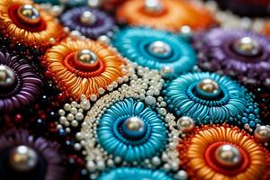 Macro photography showcasing bead embroidery details on diverse textile backgrounds photo