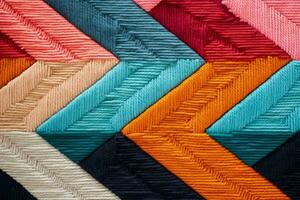 Macro exploration of vibrant geometric patterns in hand woven rugs photo