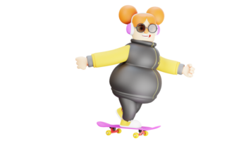 3D illustration. Cheerful girl 3D cartoon character. Fat girl is playing skateboard. Cute girl wearing jacket and glasses. Fat girl smiling happily. 3D cartoon character png