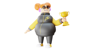 3D illustration. Athlete 3D cartoon character. A young girl becomes a great athlete. Great athletes win games. Athlete holding gold trophy. 3D cartoon character png